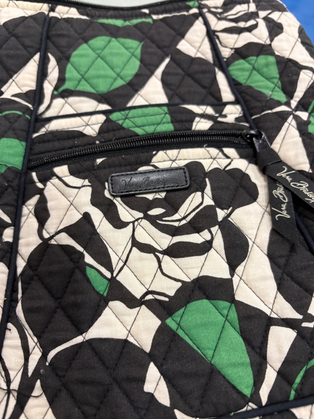 Vera Bradley Quilted Floral Crossbody Backpack in Black, Green & Cream
